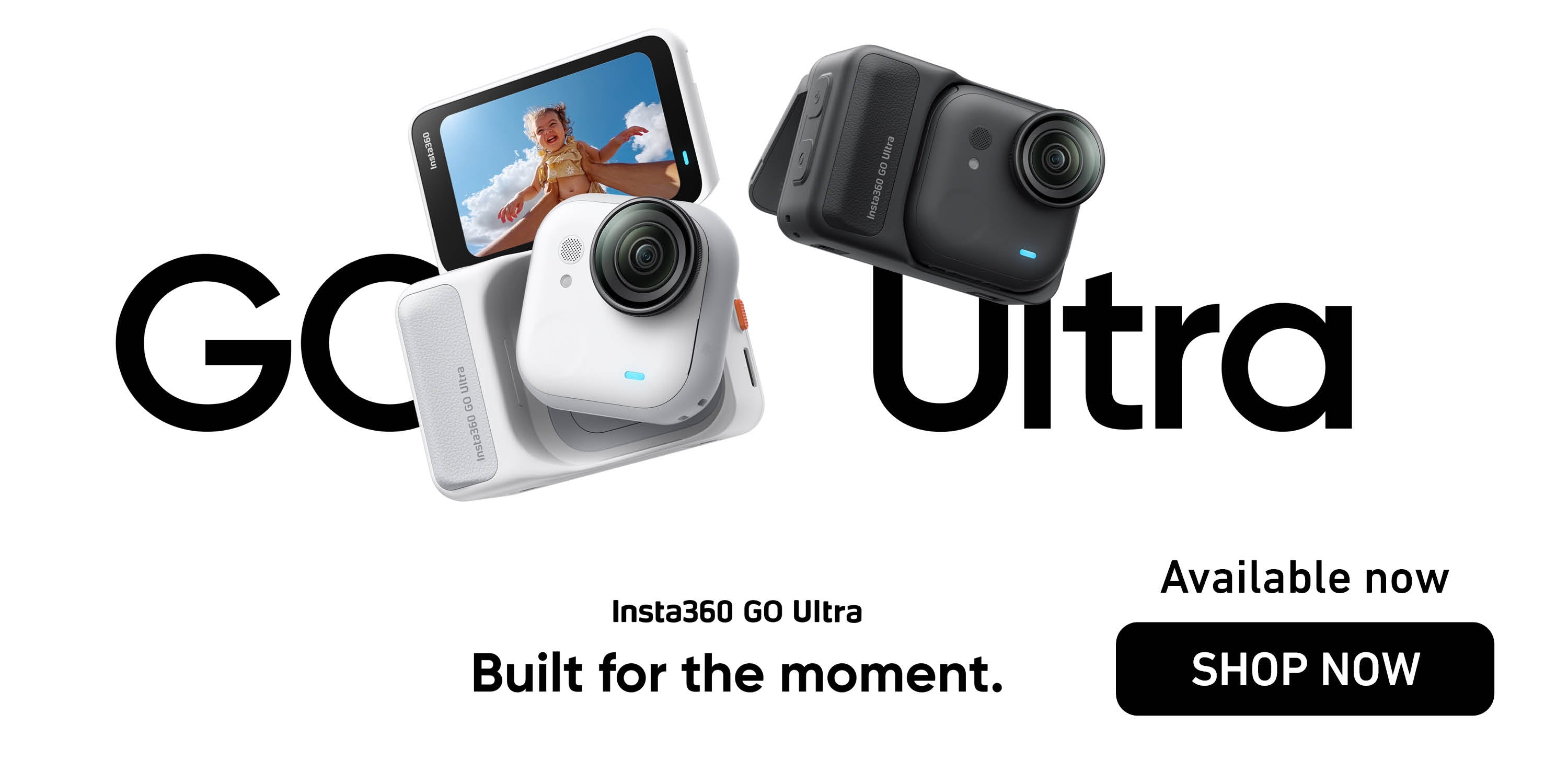 Two action cameras with 'Insta360 GO Ultra' branding on a white background. Two action cameras with 'Insta360 GO Ultra' branding on a white background.